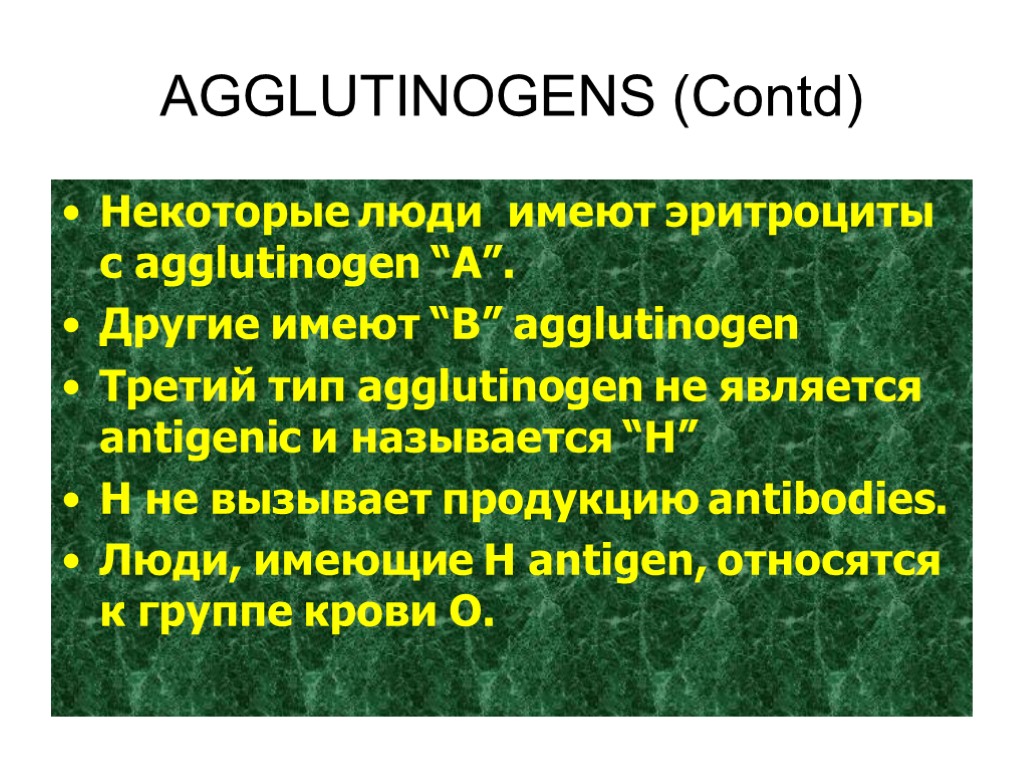 AGGLUTINOGENS (Contd) Некоторые люди имеют эритроциты с agglutinogen “A”. Другие имеют “B” agglutinogen Третий